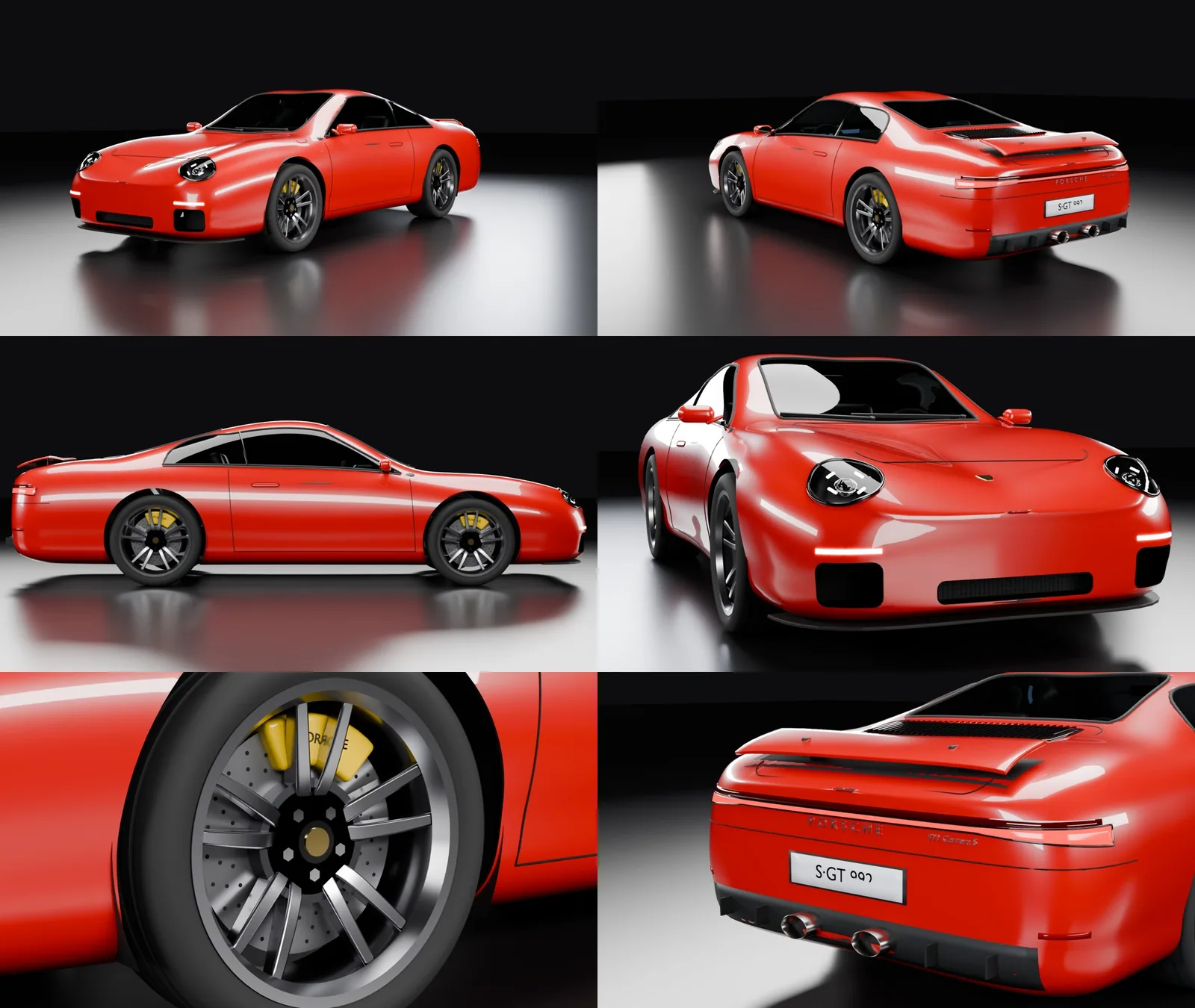 Sześć renderów modelu Porsche 911 w ciemnym studiu: przód, tył, bok, zbliżenie przodu, koła i tyłu.
