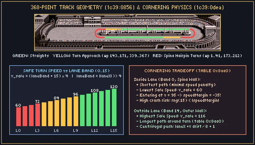 La geometria della pista del Circo Massimo: rettilinei, zone di frenata e tornanti evidenziati a colori sull'immagine dello stadio, e un grafico della velocità di sicurezza che cresce da 60 nella corsia interna a 120 in quella esterna.