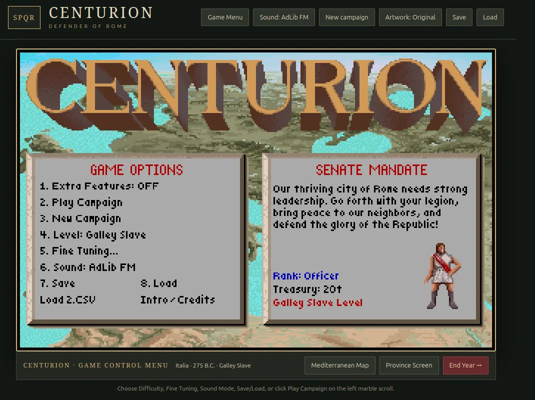 Il menu delle opzioni di gioco nel porting di Centurion: la voce Extra Features: OFF, il livello di difficoltà, salvataggio e caricamento, e accanto il mandato del Senato con il grado e lo stato del tesoro.