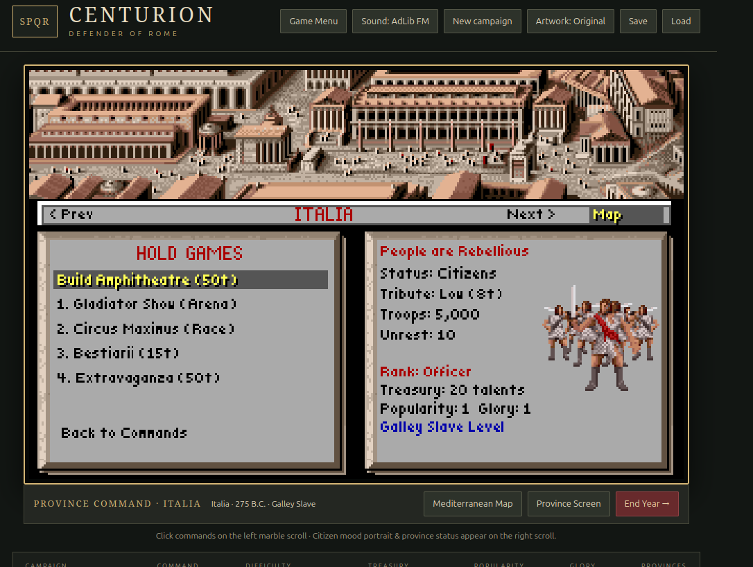 Der Bildschirm der Provinz Italia im Centurion-Port: eine Ansicht der Stadt, das Spielemenü mit dem zu bauenden Amphitheater und der Zustand der Provinz: Stimmung, Tribut, Truppen.