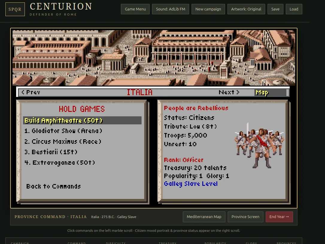 La schermata della provincia Italia nel porting di Centurion: la veduta della città, il menu dei giochi con la costruzione dell'anfiteatro e lo stato della provincia: umore, tributo, truppe.