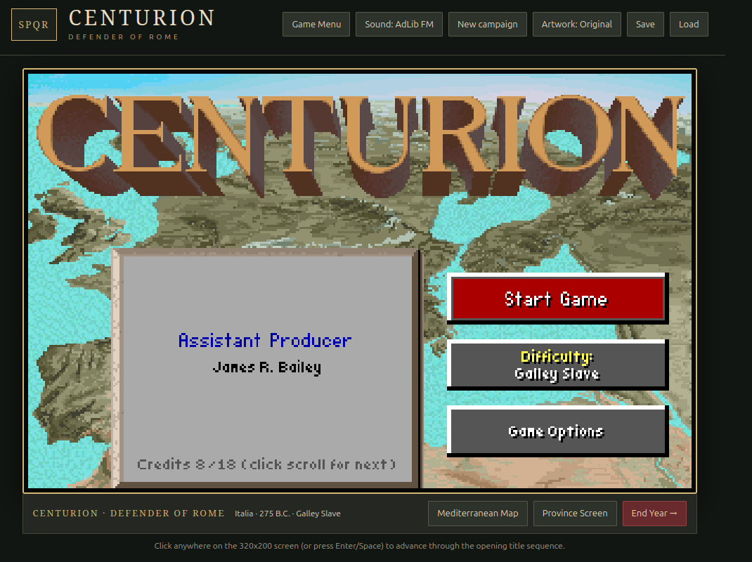 Der Titelbildschirm von Centurion im Browser-Port: der Schriftzug CENTURION über einer Karte des Mittelmeers, eine Tafel mit dem Abspann und die Schaltflächen Start Game, Difficulty und Game Options.