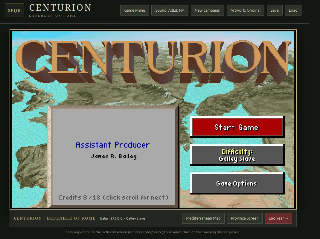 La schermata del titolo di Centurion nel porting per browser: la scritta CENTURION sopra una mappa del Mediterraneo, un pannello con i crediti e i pulsanti Start Game, Difficulty e Game Options.