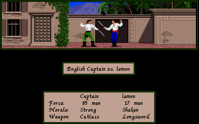 Ein Bildschirmfoto des Originalspiels auf dem Amiga: zwei Fechter vor einer Mauer, darunter der Titel des Duells und eine Tabelle mit Force, Morale und Weapon.