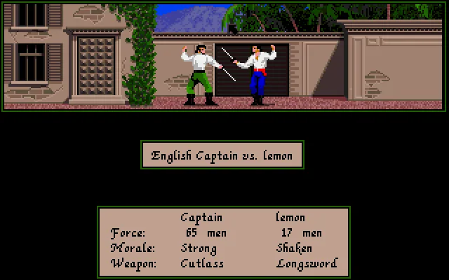 Una schermata del gioco originale su Amiga: due schermidori davanti a un muro, sotto il titolo del duello e la tabella Force, Morale, Weapon.