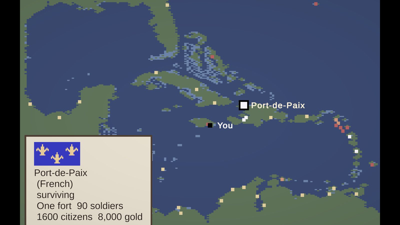 Eine Karte der Karibik mit der markierten Stadt Port-de-Paix, der Position des Spielers und einem Kasten mit den Stadtdaten und der französischen Flagge.