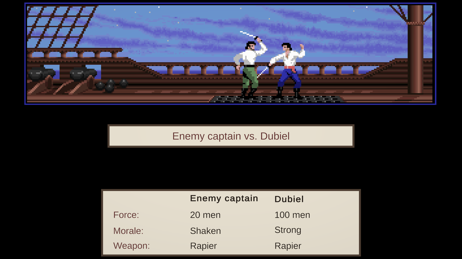 Das Duell im Unity-Port: Fechter auf einem Schiffsdeck, darunter der Titel und eine Tabelle mit Stärke, Moral und Waffe beider Seiten.