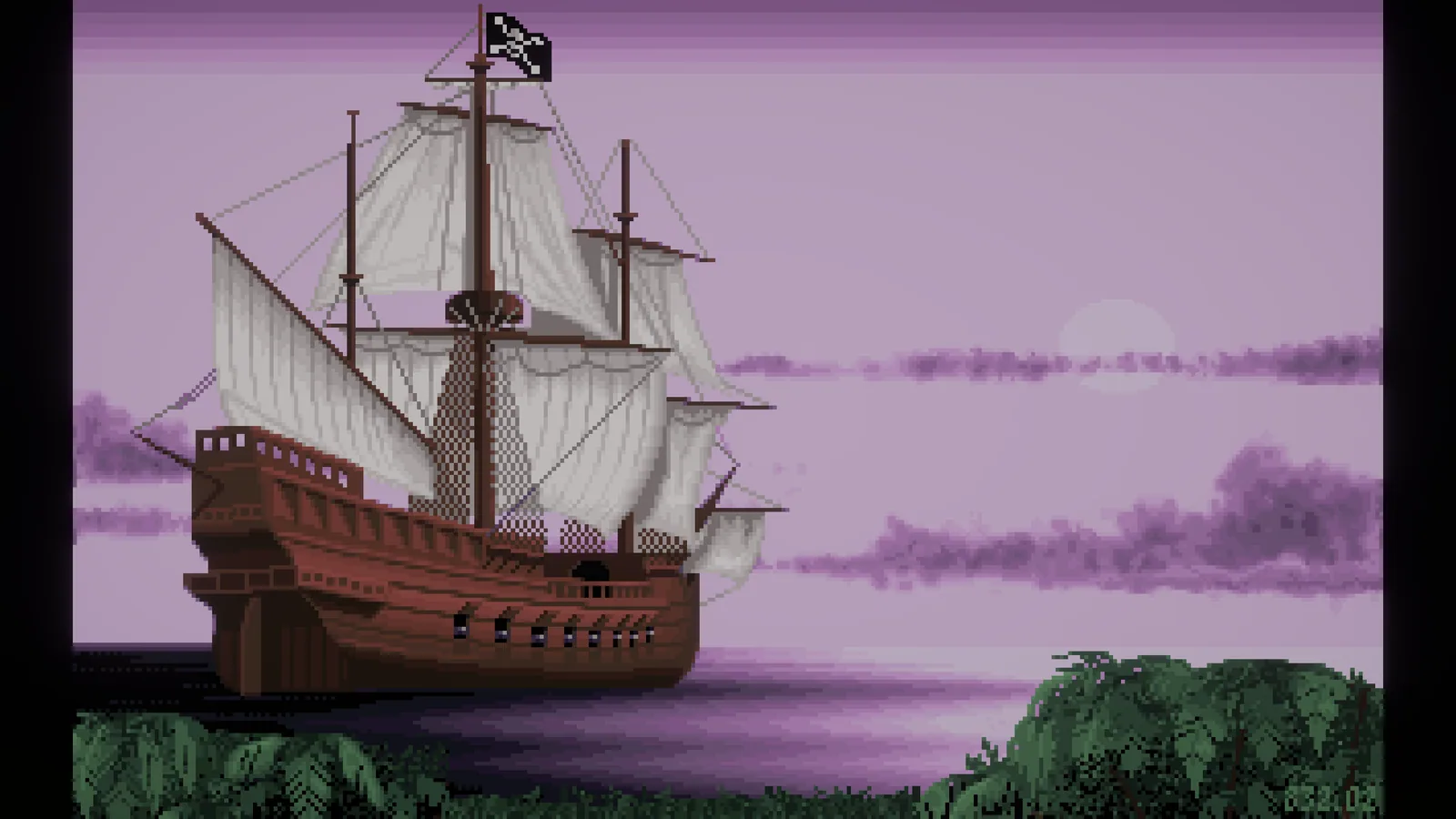 La schermata del titolo di Pirates! nel porting per Unity: un galeone con la bandiera pirata al tramonto, disegnato con la grafica originale del 1990.