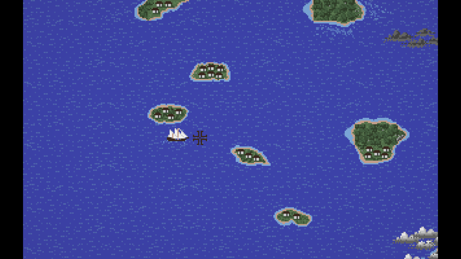 Die Karibikkarte im Unity-Port: Inseln mit Städten, das Schiff des Spielers mit Kurszeiger und Gewitterwolken.