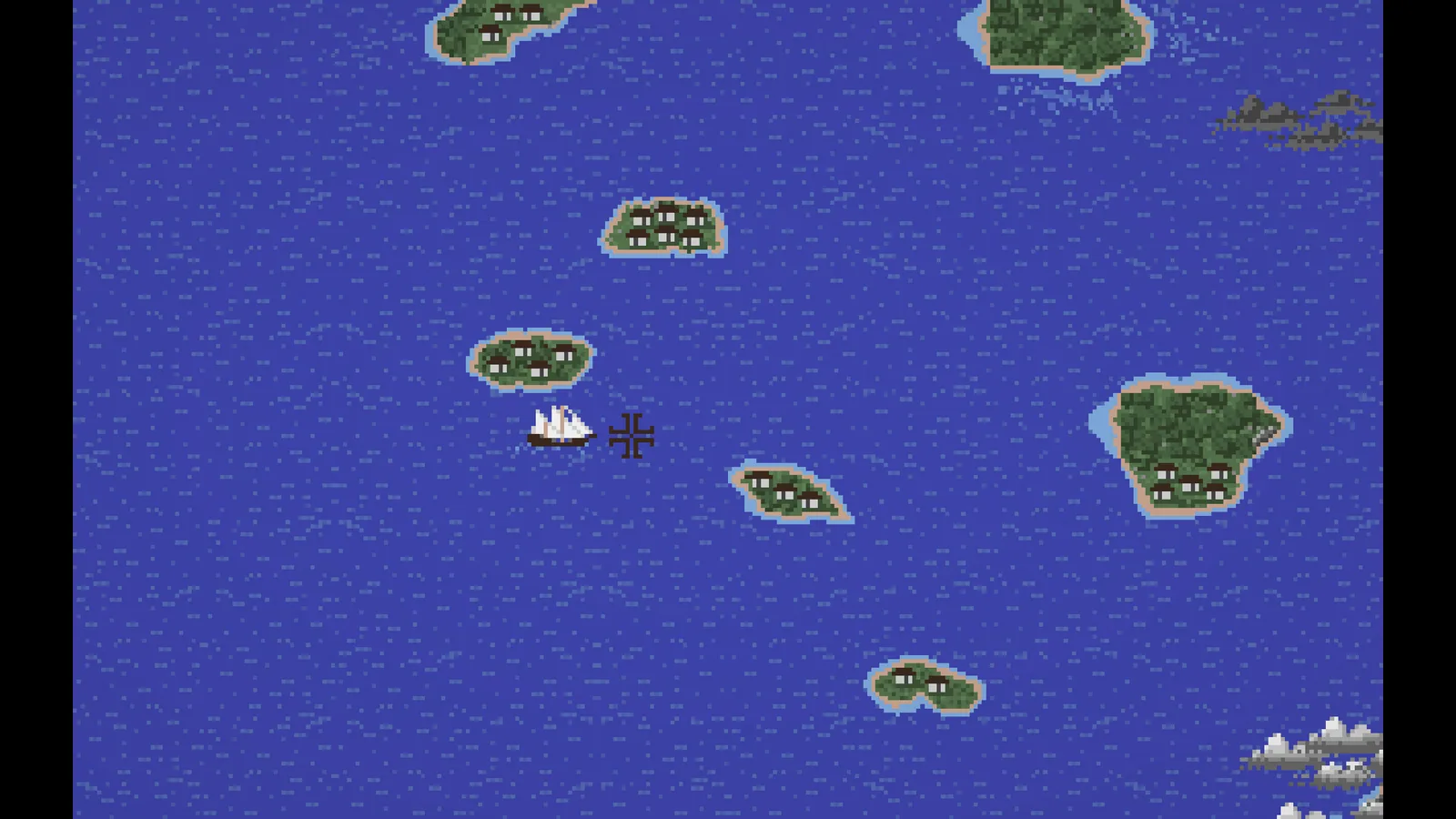 La mappa dei Caraibi nel porting per Unity: isole con città, la nave del giocatore con l'indicatore di rotta e nubi di tempesta.