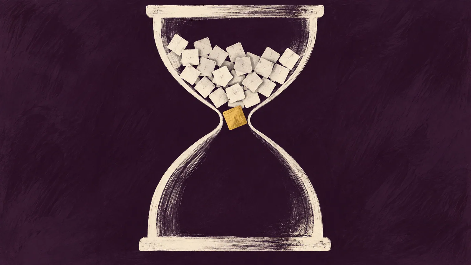 The first gold square passes through the narrow neck of an hourglass while most of the contents remain above.